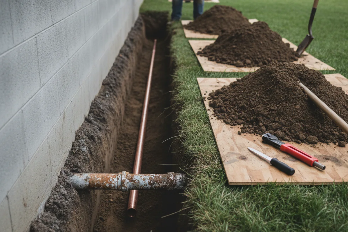 Excavated water line trench during Water Softener Installation in Brookdale